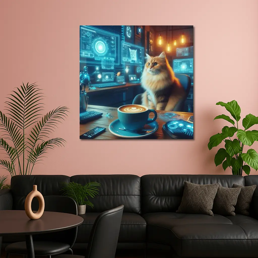 Fluffy Cat Coffee Futuristic Tech Office – Wall Art