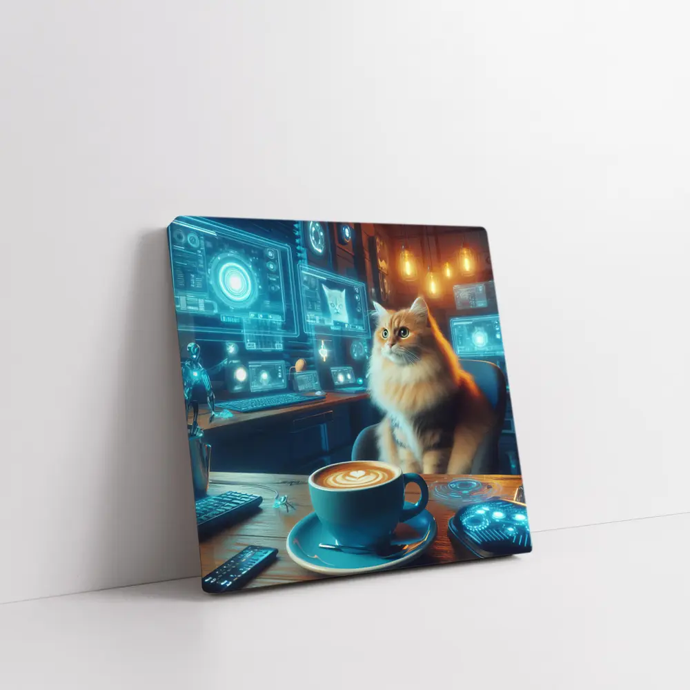Fluffy Cat Coffee Futuristic Tech Office – Wall Art