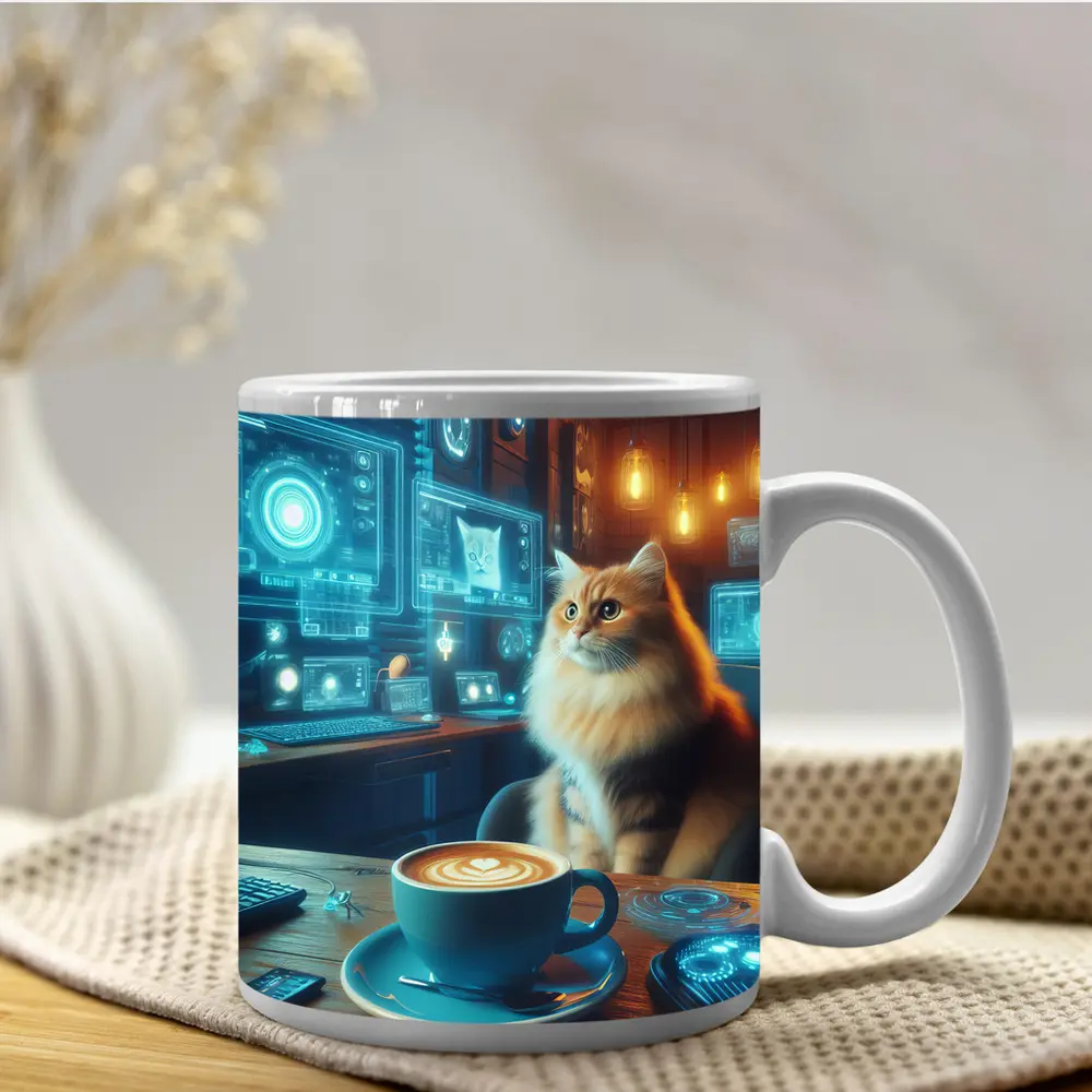 Fluffy Cat Coffee Futuristic Tech Office – Mugs