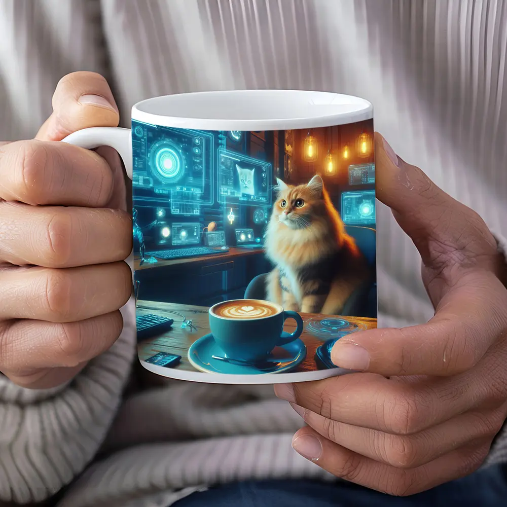 Fluffy Cat Coffee Futuristic Tech Office – Mugs