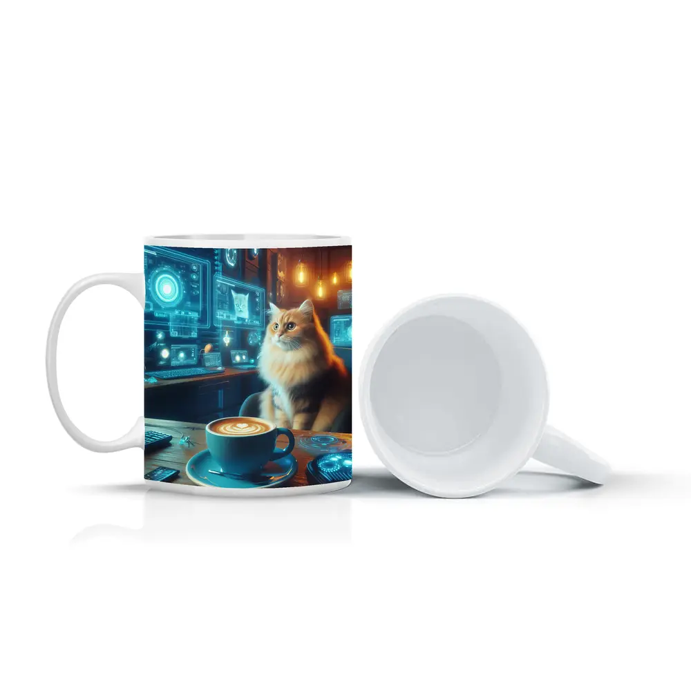 Fluffy Cat Coffee Futuristic Tech Office – Mugs