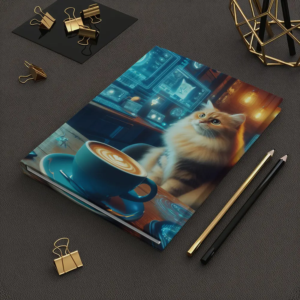 Fluffy Cat Coffee Futuristic Tech Office – Notebooks