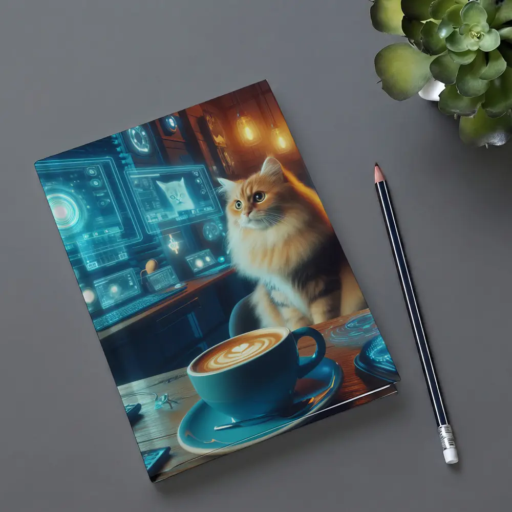 Fluffy Cat Coffee Futuristic Tech Office – Notebooks