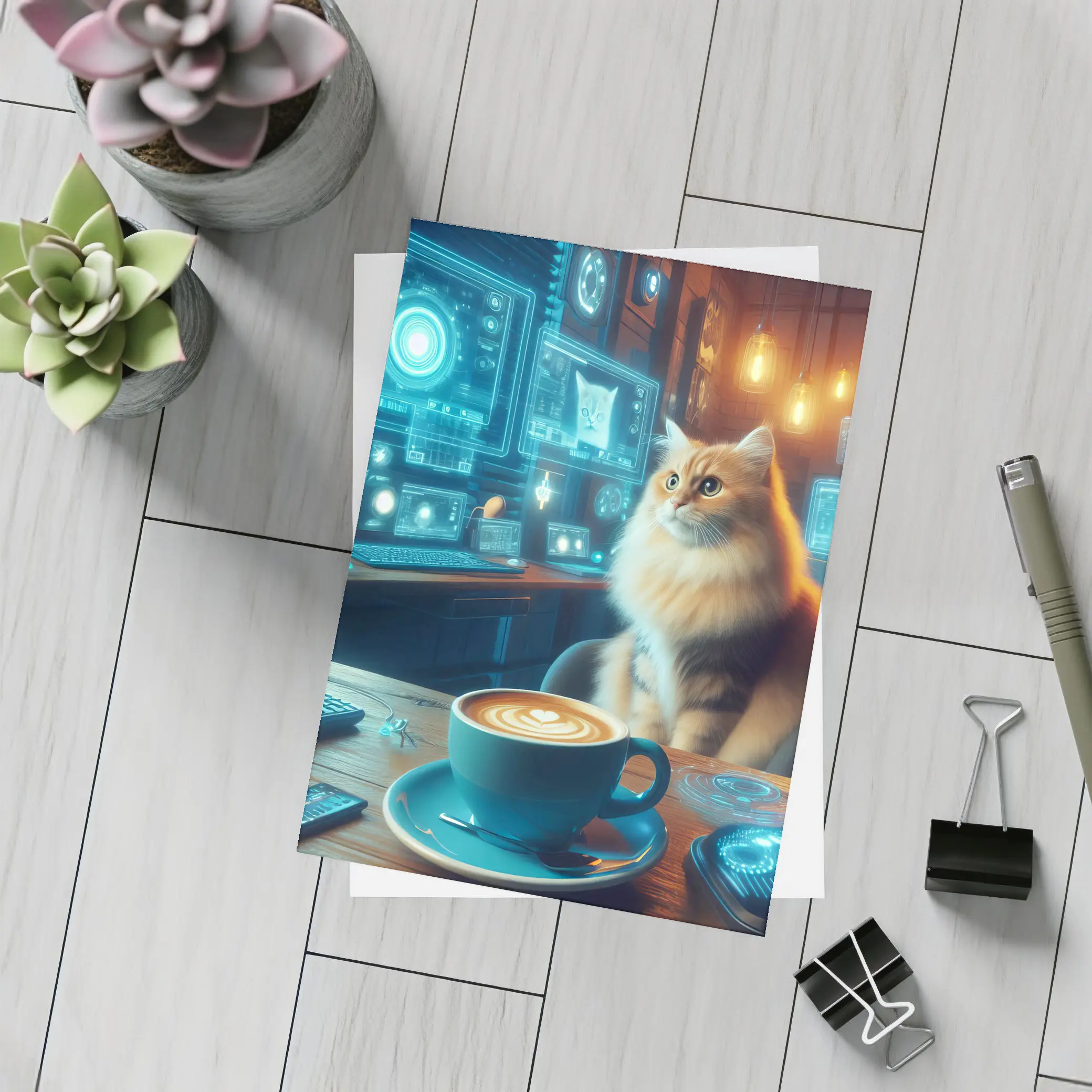Fluffy Cat Coffee Futuristic Tech Office – Postcards