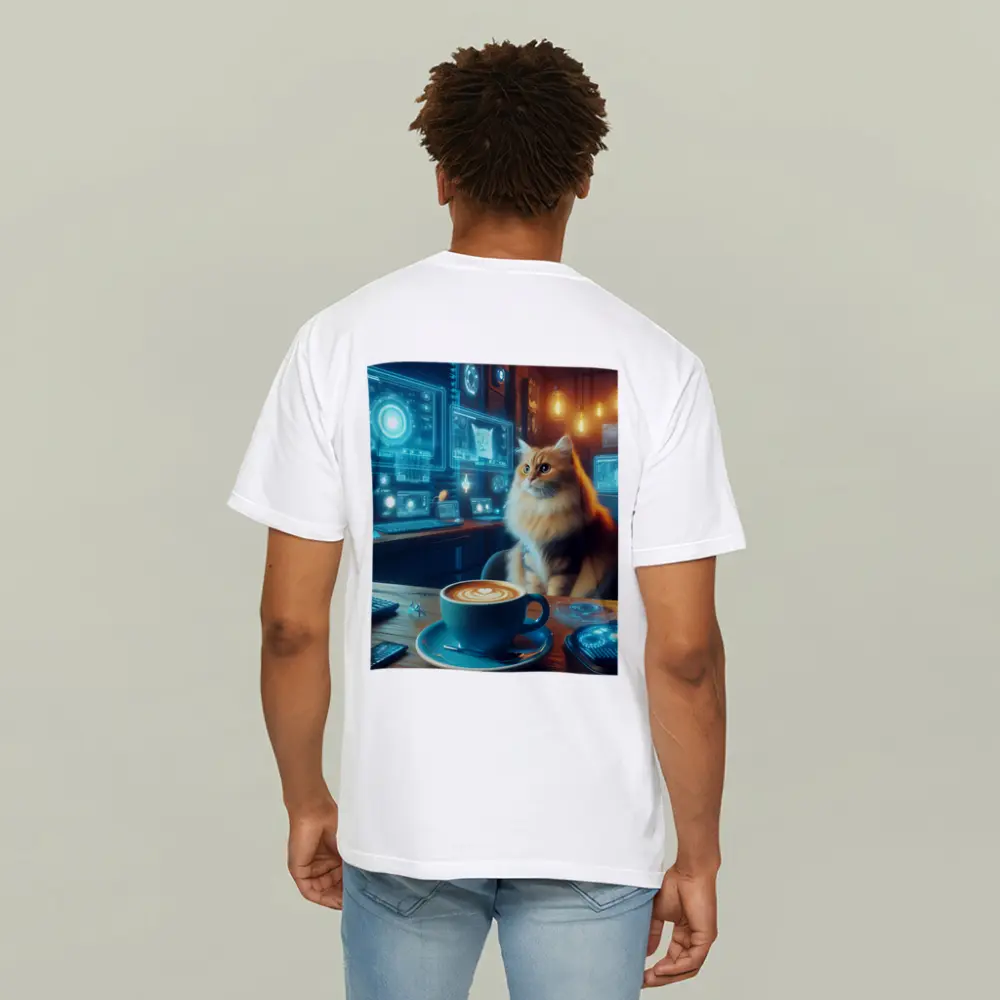 Fluffy Cat Coffee Futuristic Tech Office – T-Shirts