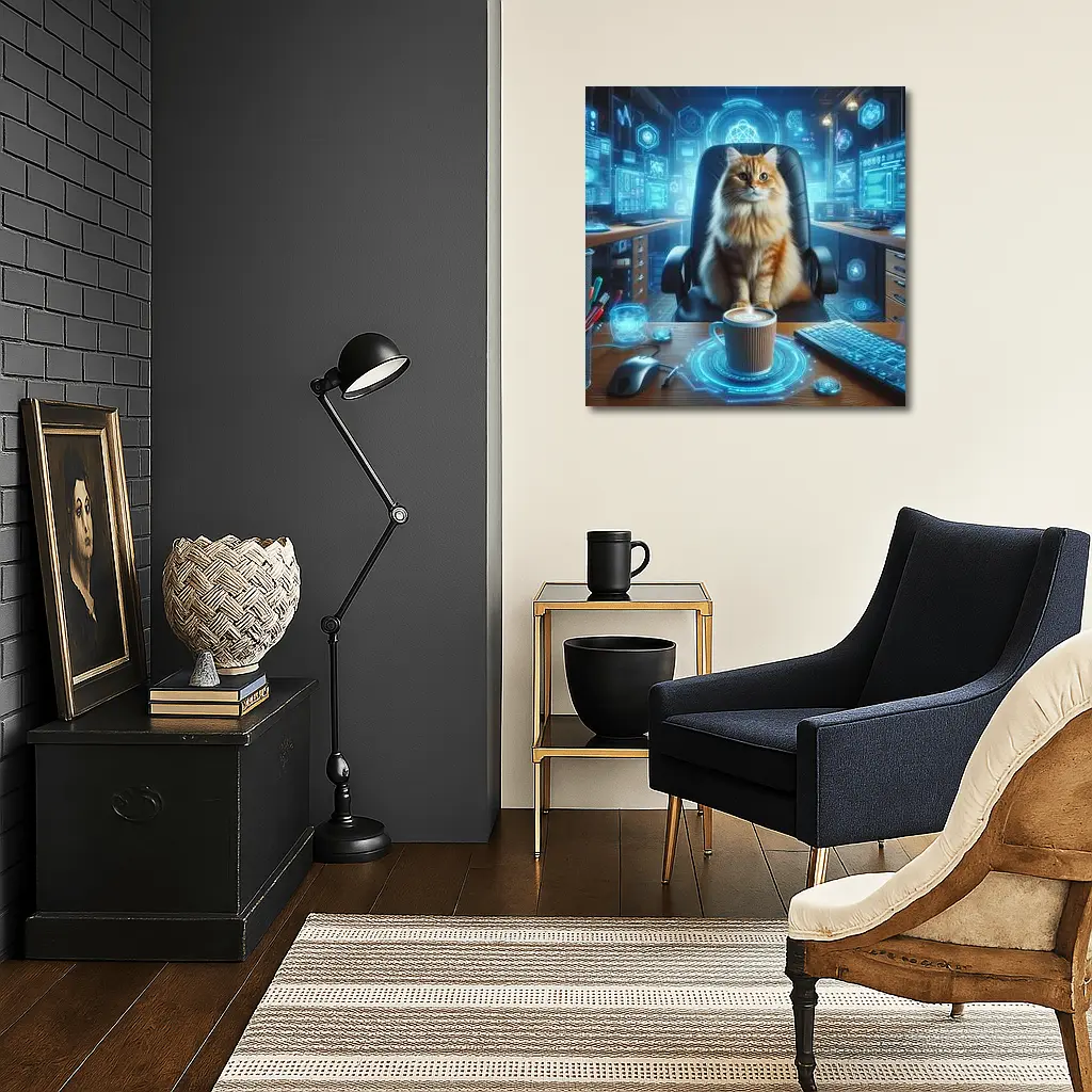 Orange Cat Boss Futuristic Tech Office – Wall Art