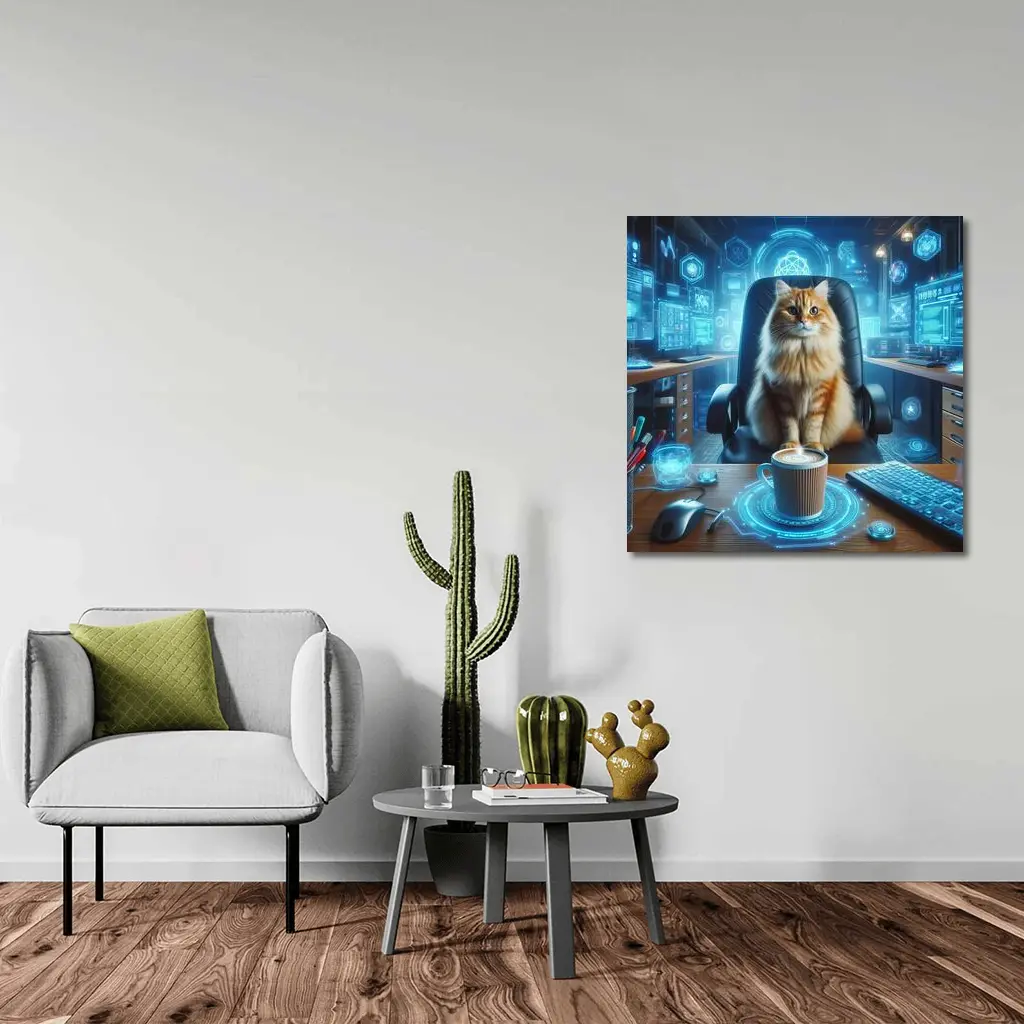 Orange Cat Boss Futuristic Tech Office – Wall Art
