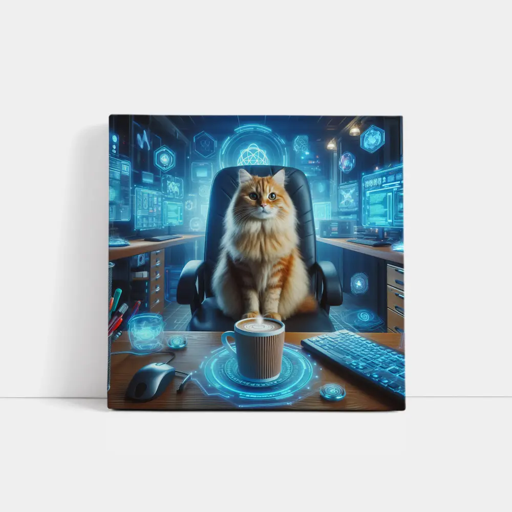Orange Cat Boss Futuristic Tech Office – Wall Art
