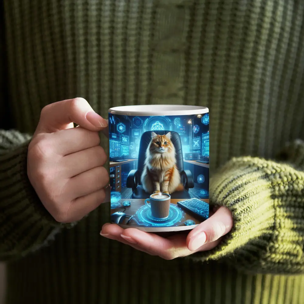 Orange Cat Boss Futuristic Tech Office – Mugs
