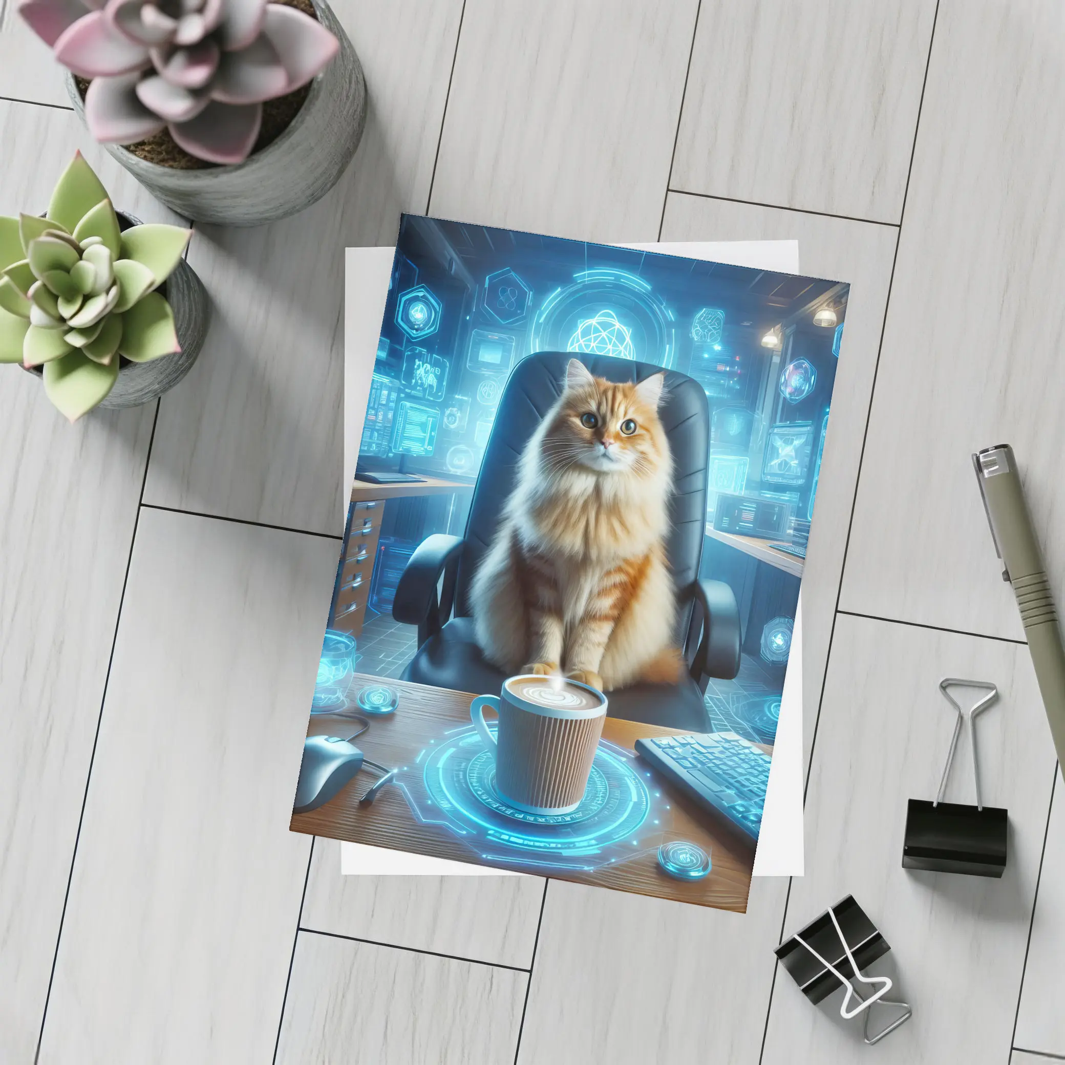 Orange Cat Boss Futuristic Tech Office – Postcards