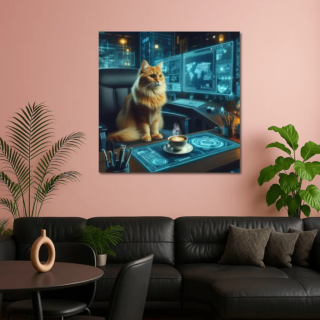 Orange Cat Futuristic Office Cyberpunk Scene – Wall Art