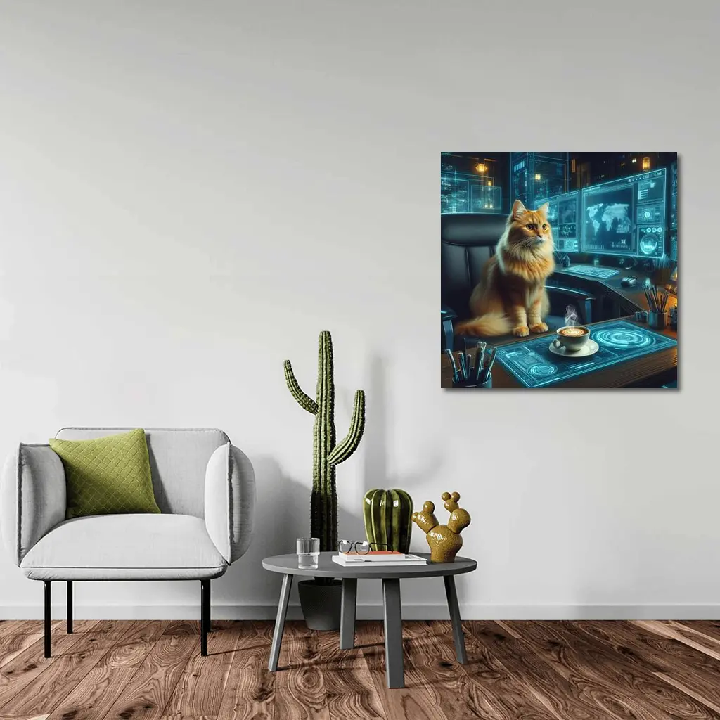 Orange Cat Futuristic Office Cyberpunk Scene – Wall Art