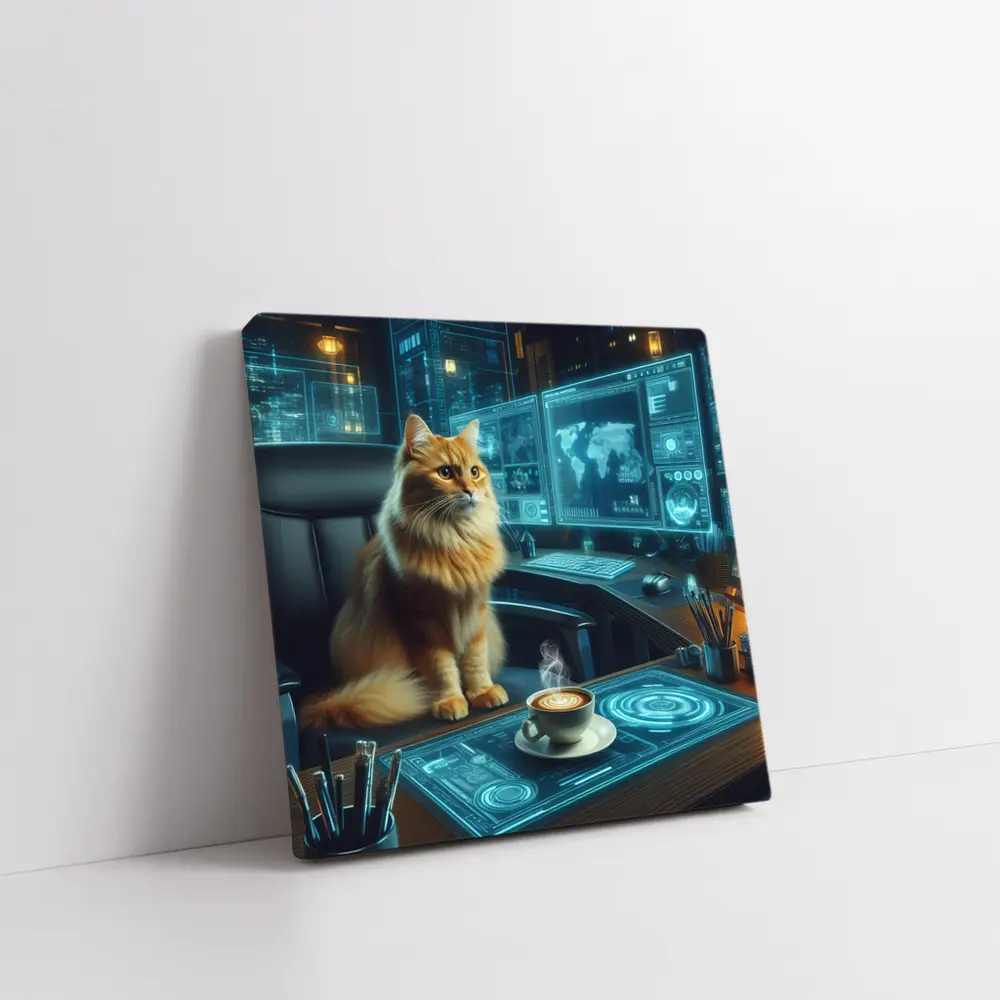 Orange Cat Futuristic Office Cyberpunk Scene – Wall Art