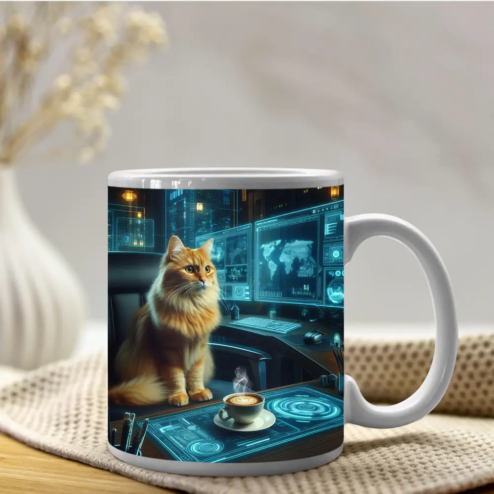 Orange Cat Futuristic Office Cyberpunk Scene – Mugs