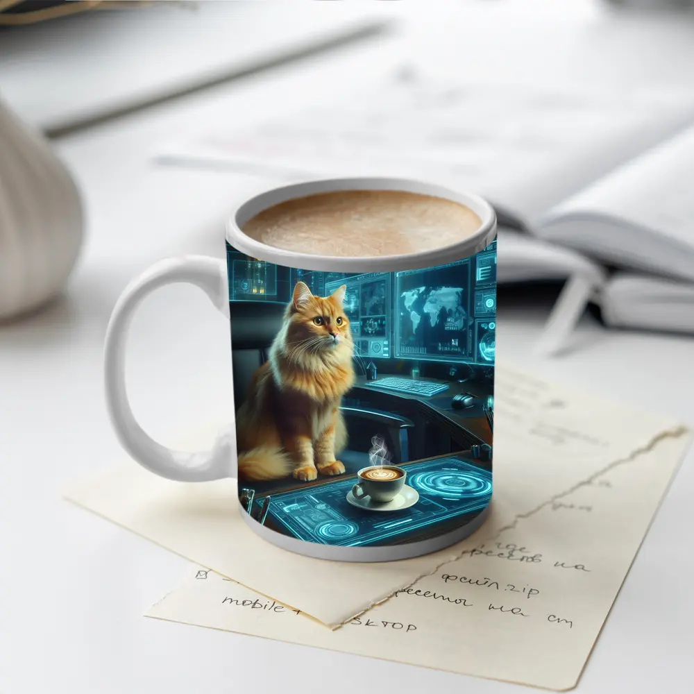 Orange Cat Futuristic Office Cyberpunk Scene – Mugs