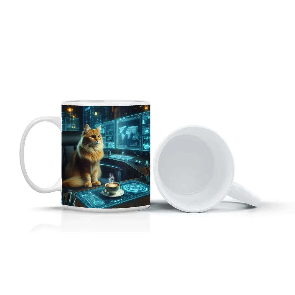 Orange Cat Futuristic Office Cyberpunk Scene – Mugs