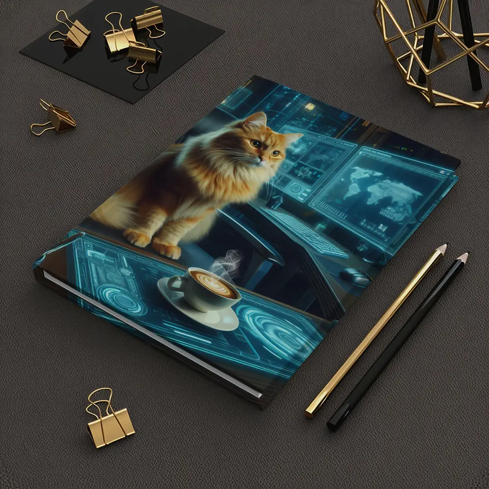 Orange Cat Futuristic Office Cyberpunk Scene – Notebooks