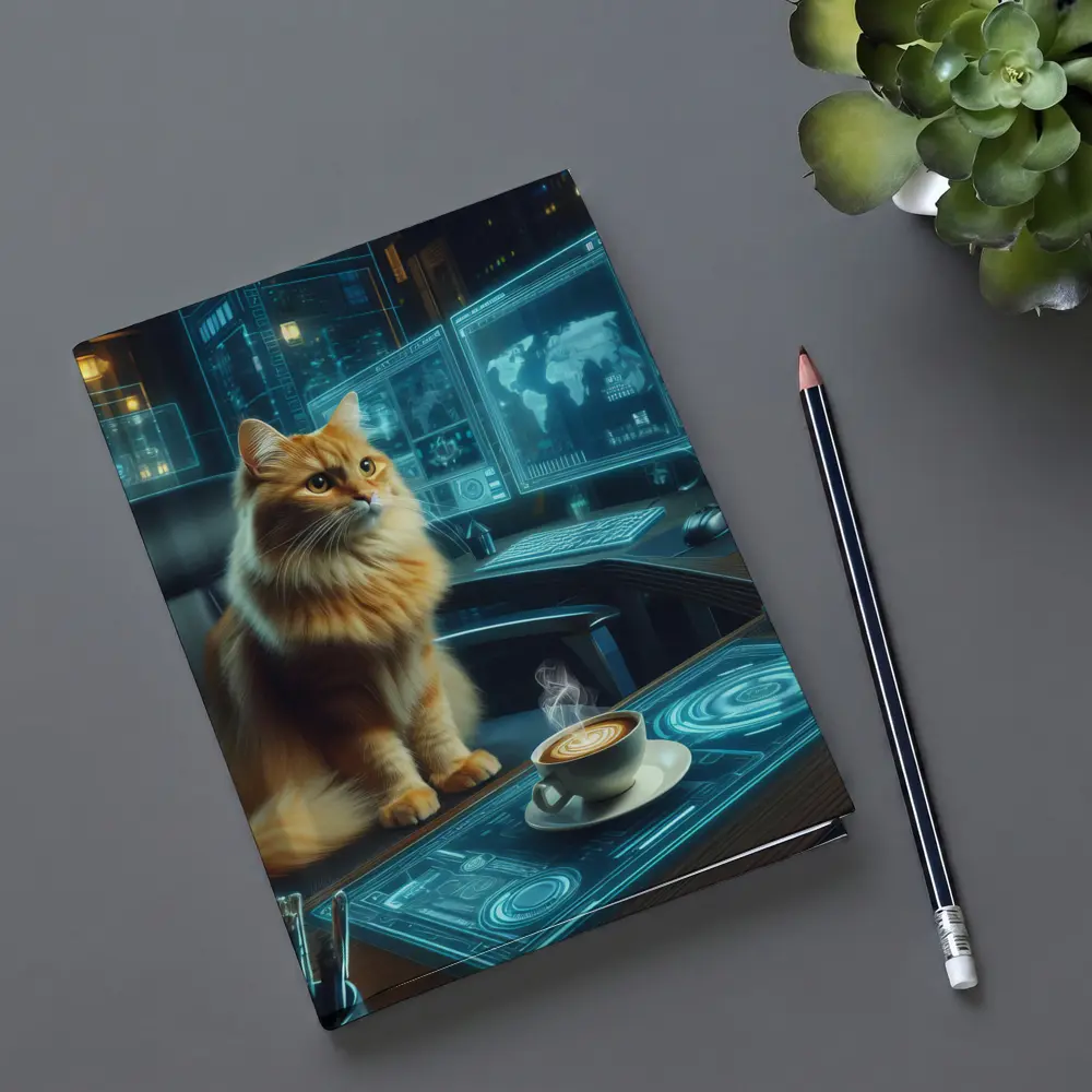 Orange Cat Futuristic Office Cyberpunk Scene – Notebooks