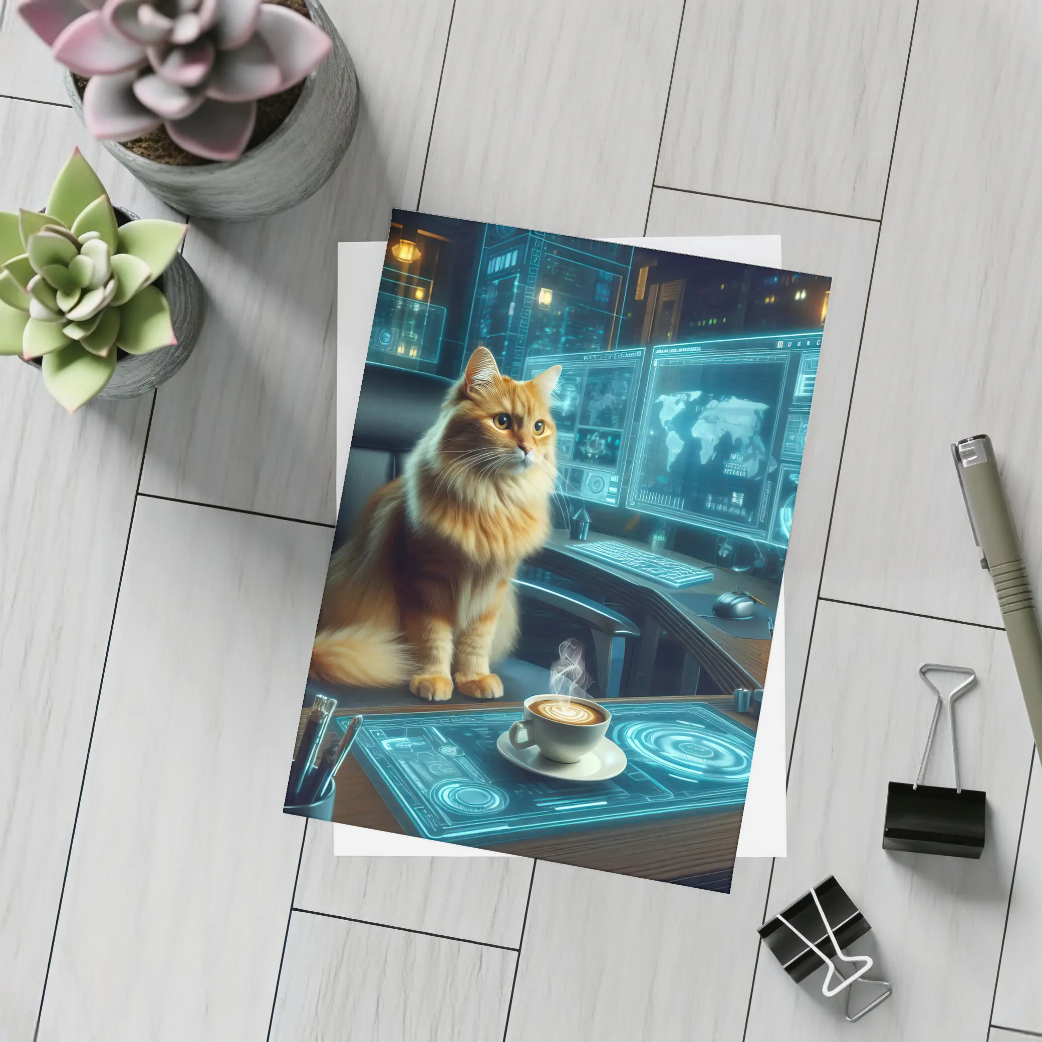 Orange Cat Futuristic Office Cyberpunk Scene – Postcards
