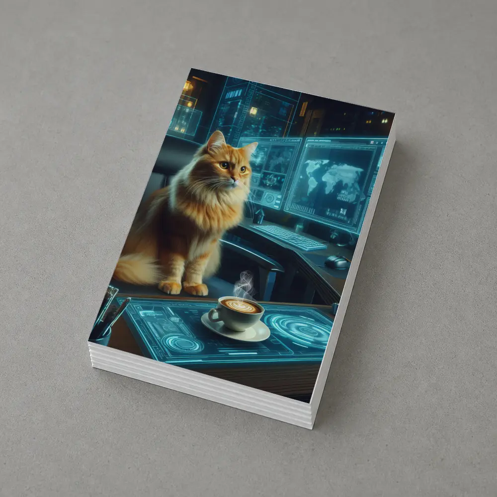 Orange Cat Futuristic Office Cyberpunk Scene – Postcards