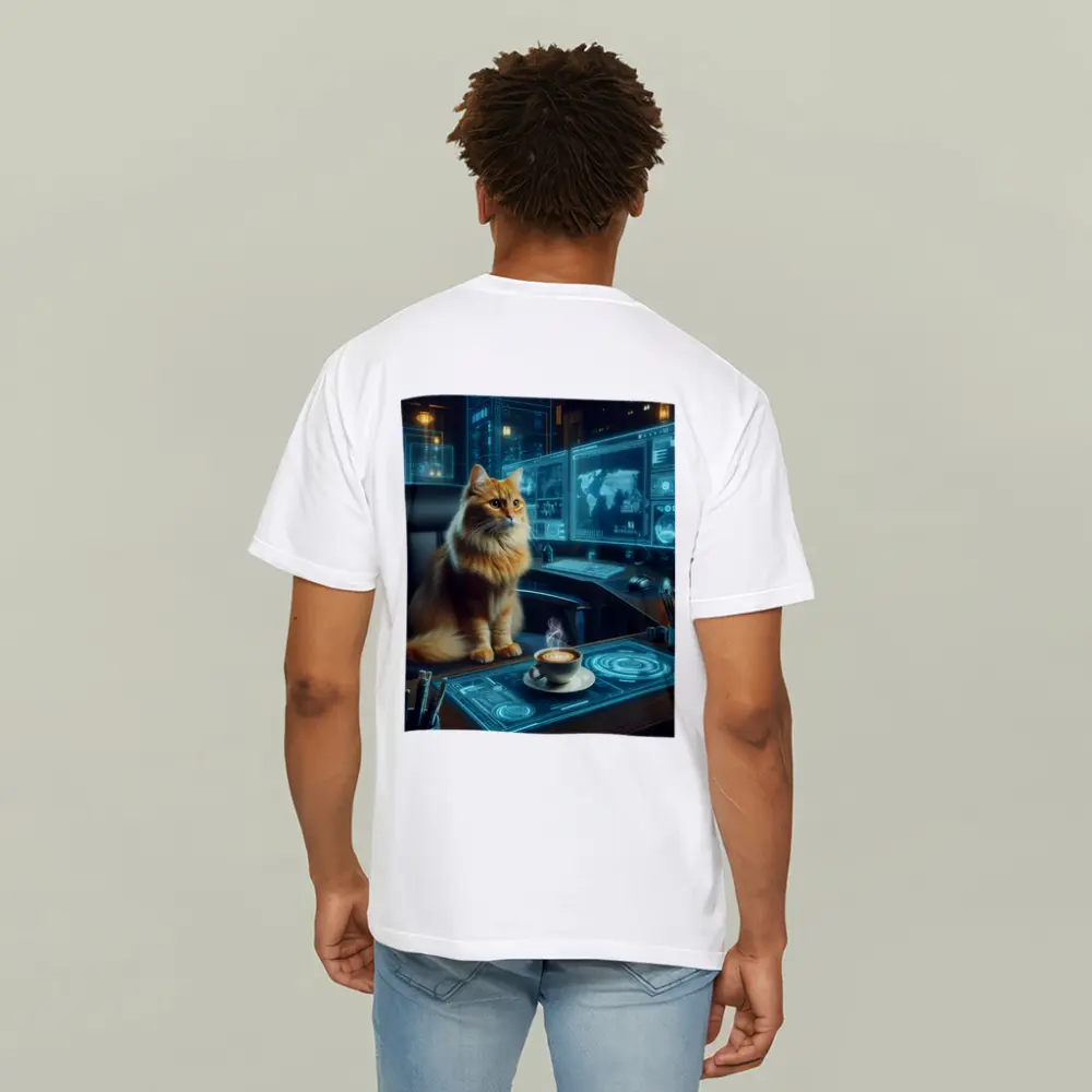 Orange Cat Futuristic Office Cyberpunk Scene – T-Shirts