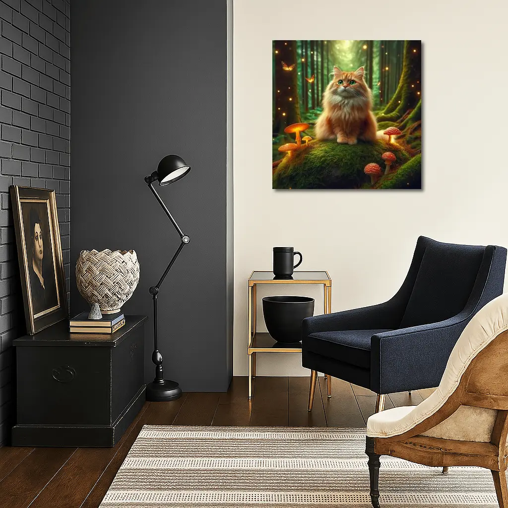 Fluffy Orange Cat Enchanted Forest Mushrooms – Wall Art