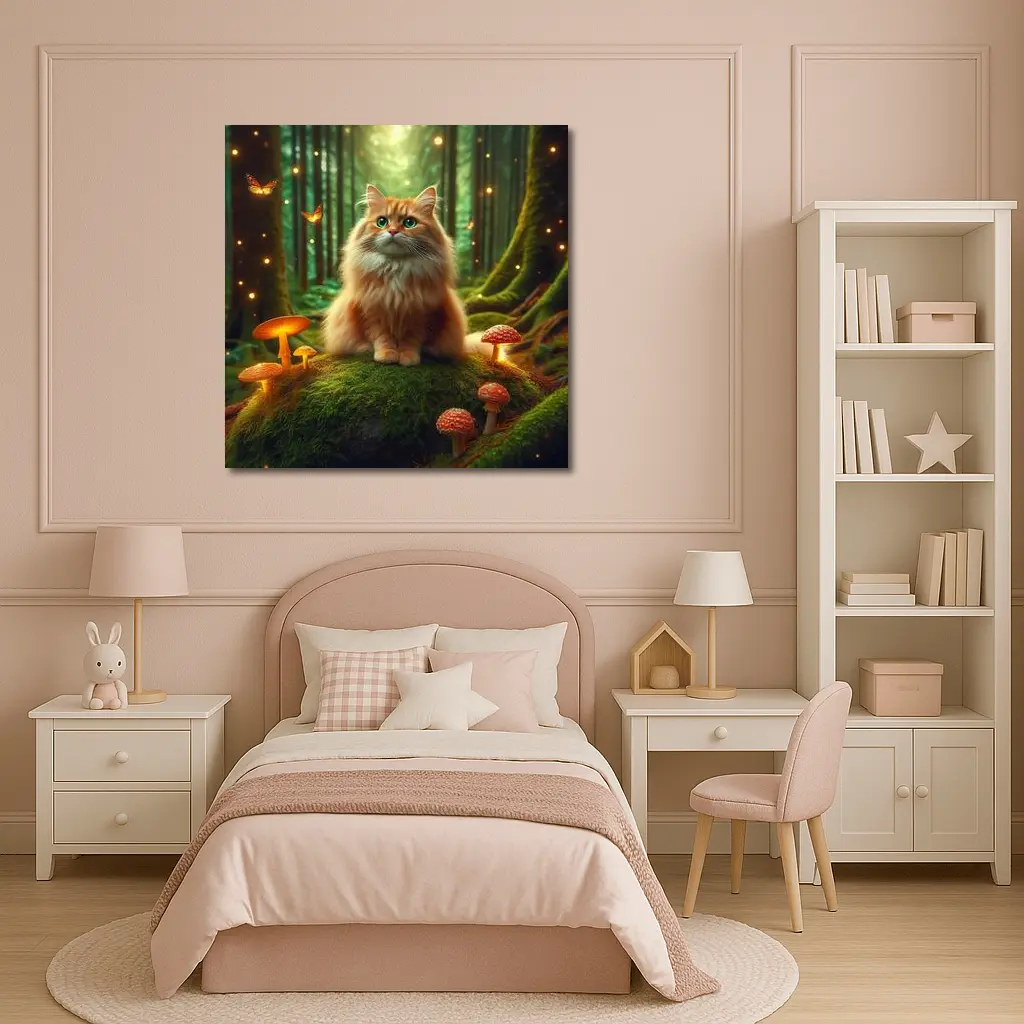 Fluffy Orange Cat Enchanted Forest Mushrooms – Wall Art