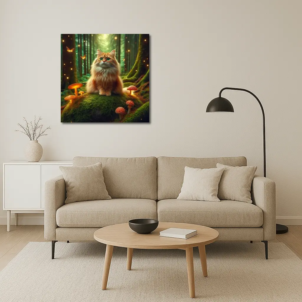 Fluffy Orange Cat Enchanted Forest Mushrooms – Wall Art