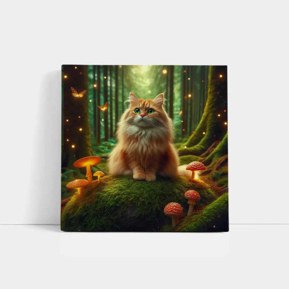 Fluffy Orange Cat Enchanted Forest Mushrooms – Wall Art