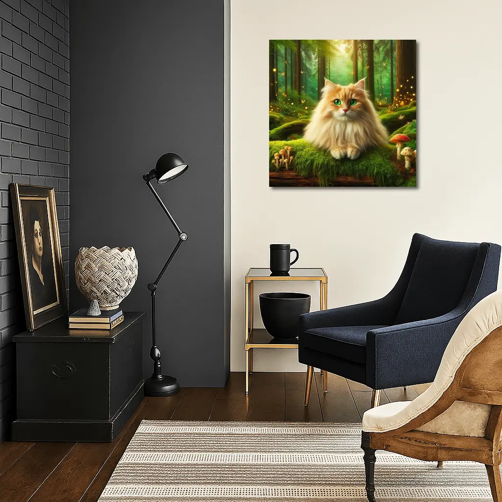 Fluffy Orange Cat Enchanted Forest Mushrooms – Wall Art
