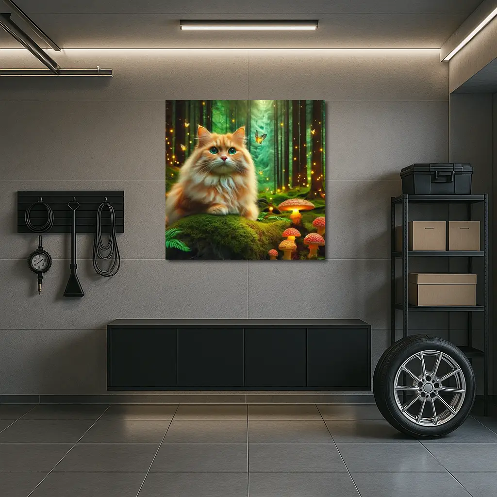 Orange Cat Enchanted Forest Mushrooms Butterflies – Wall Art