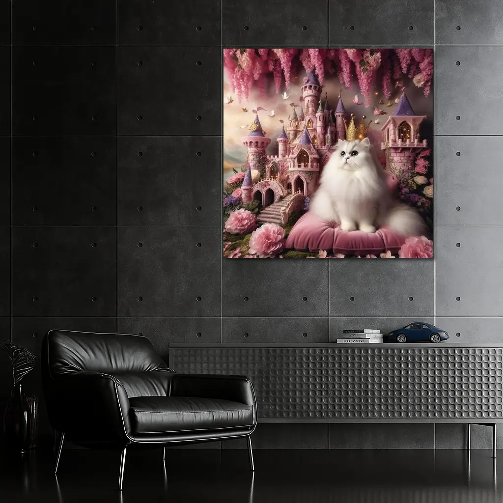 White Persian Cat Crown Pink Fantasy Castle – Wall Art