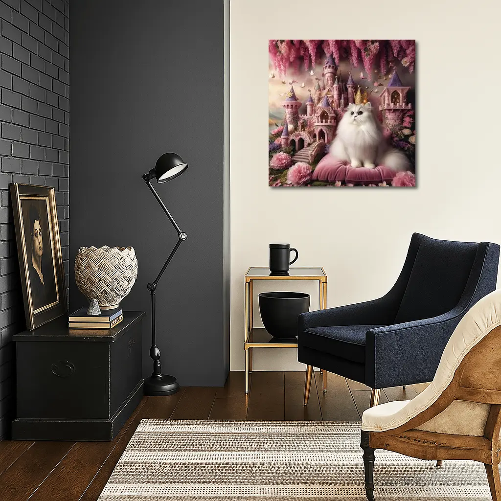 White Persian Cat Crown Pink Fantasy Castle – Wall Art