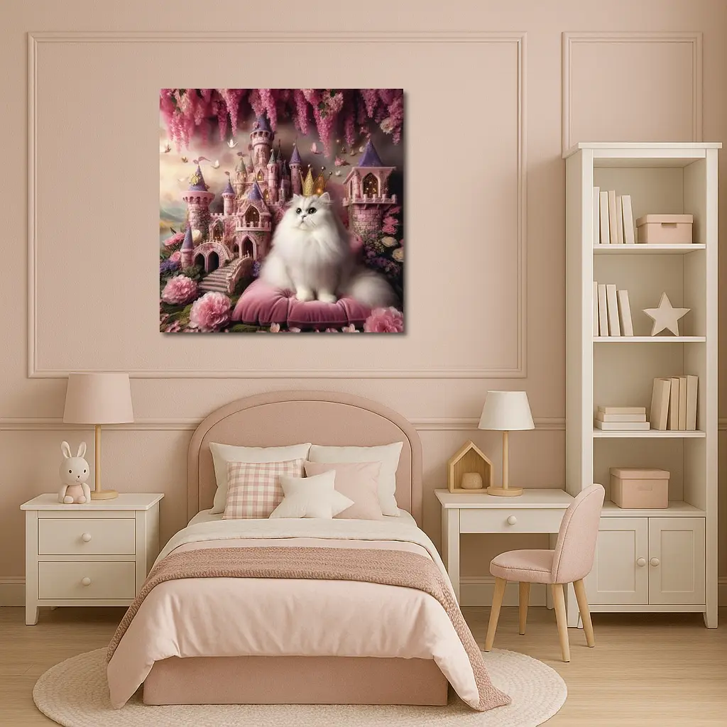White Persian Cat Crown Pink Fantasy Castle – Wall Art