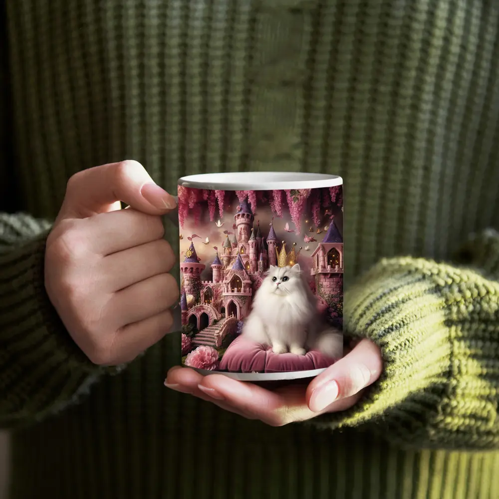 White Persian Cat Crown Pink Fantasy Castle – Mugs