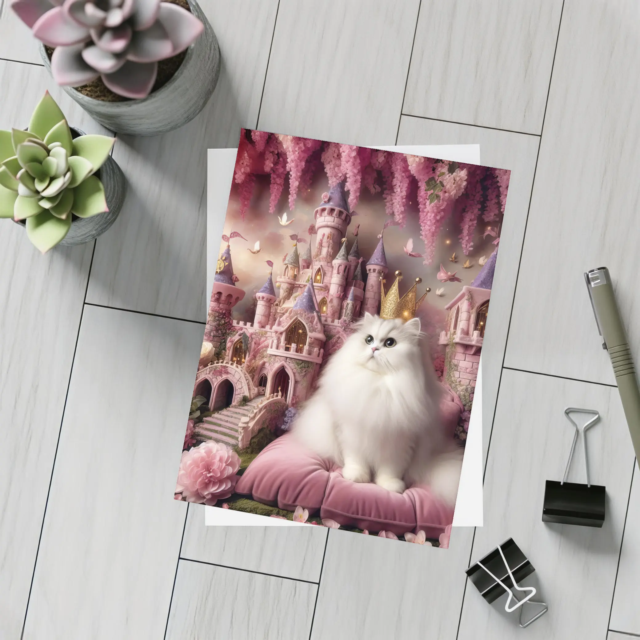 White Persian Cat Crown Pink Fantasy Castle – Postcards