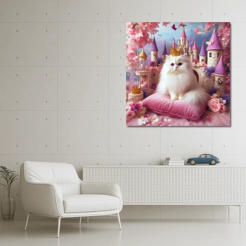 White Persian Cat Crown Pink Castle Fantasy – Wall Art