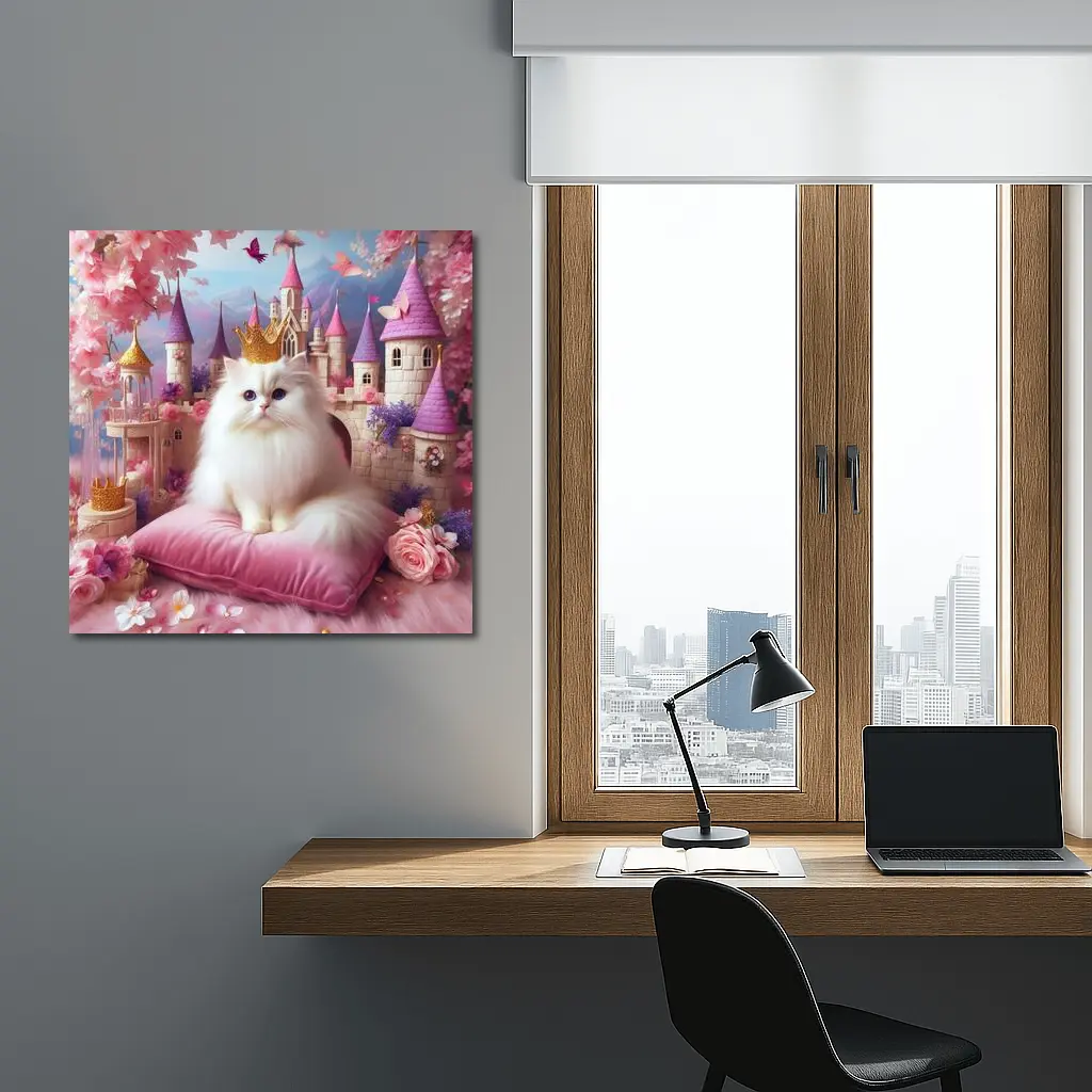 White Persian Cat Crown Pink Castle Fantasy – Wall Art