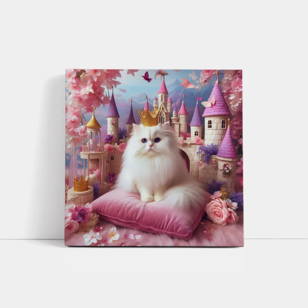 White Persian Cat Crown Pink Castle Fantasy – Wall Art