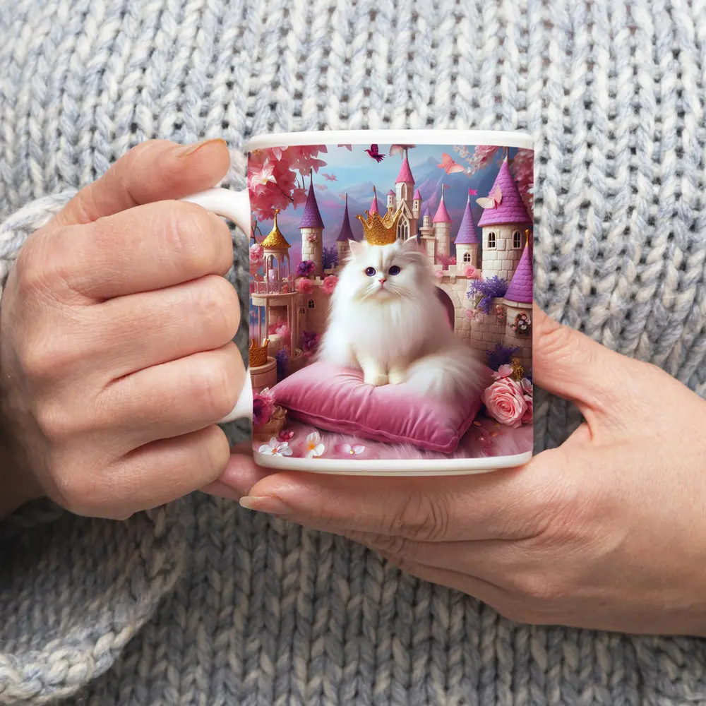 White Persian Cat Crown Pink Castle Fantasy – Mugs