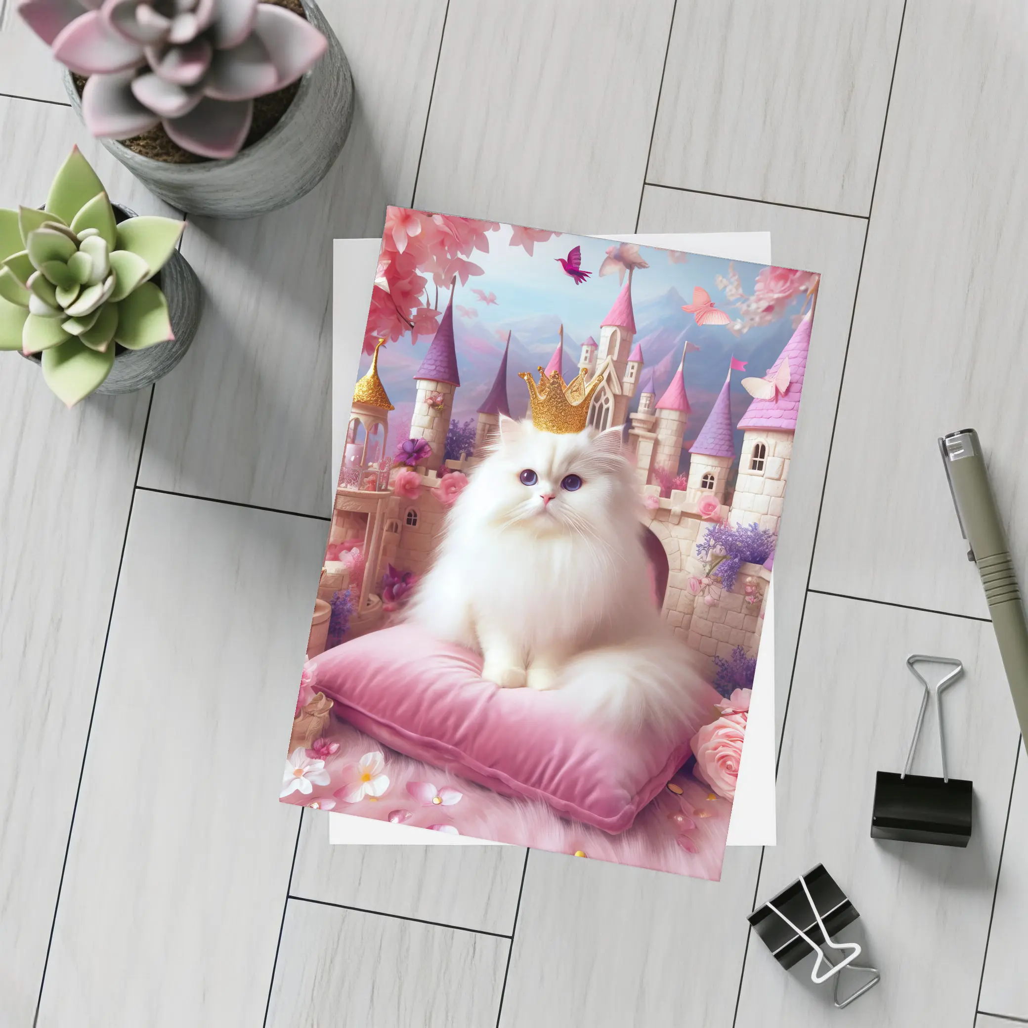 White Persian Cat Crown Pink Castle Fantasy – Postcards