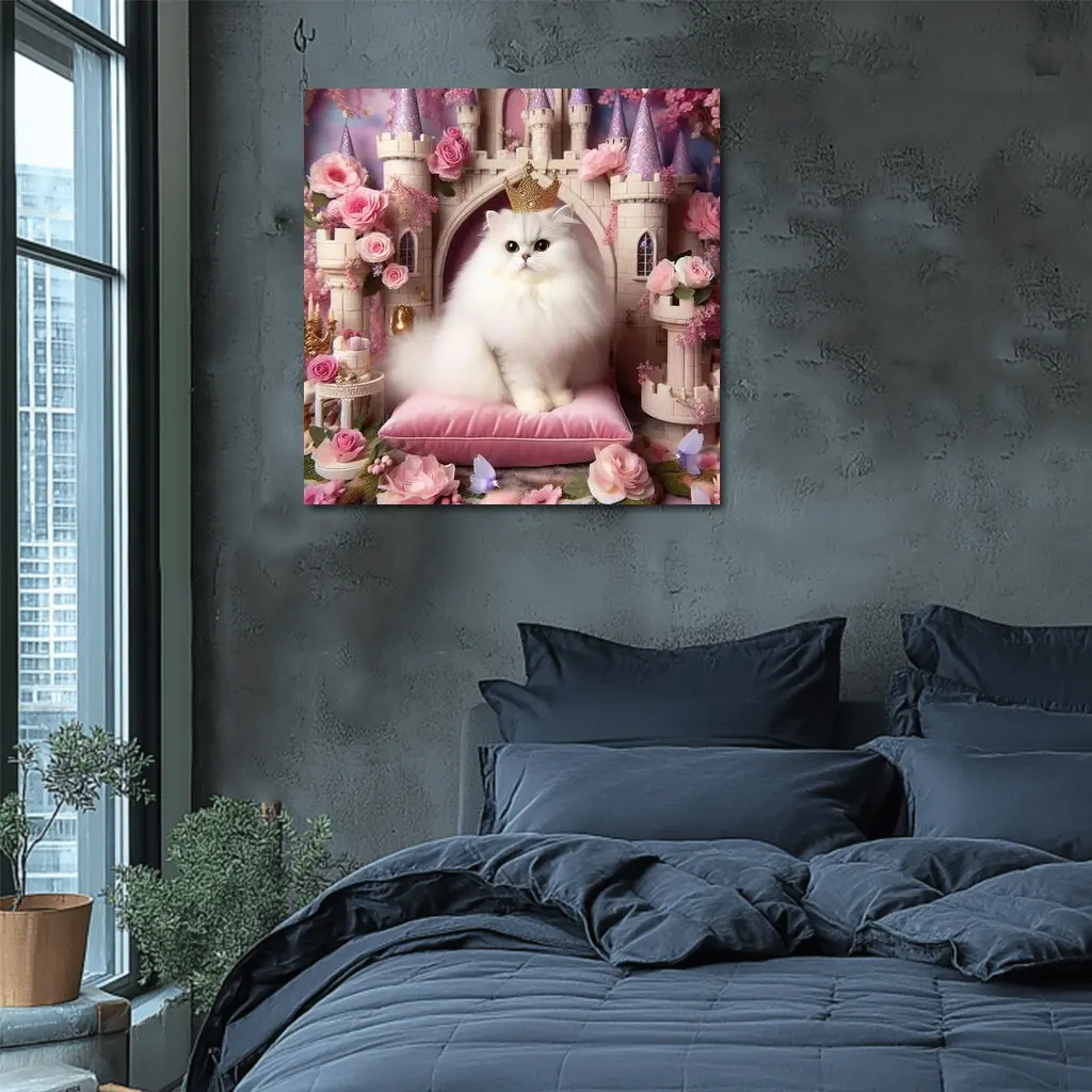 White Persian Cat Crown Pink Castle – Wall Art