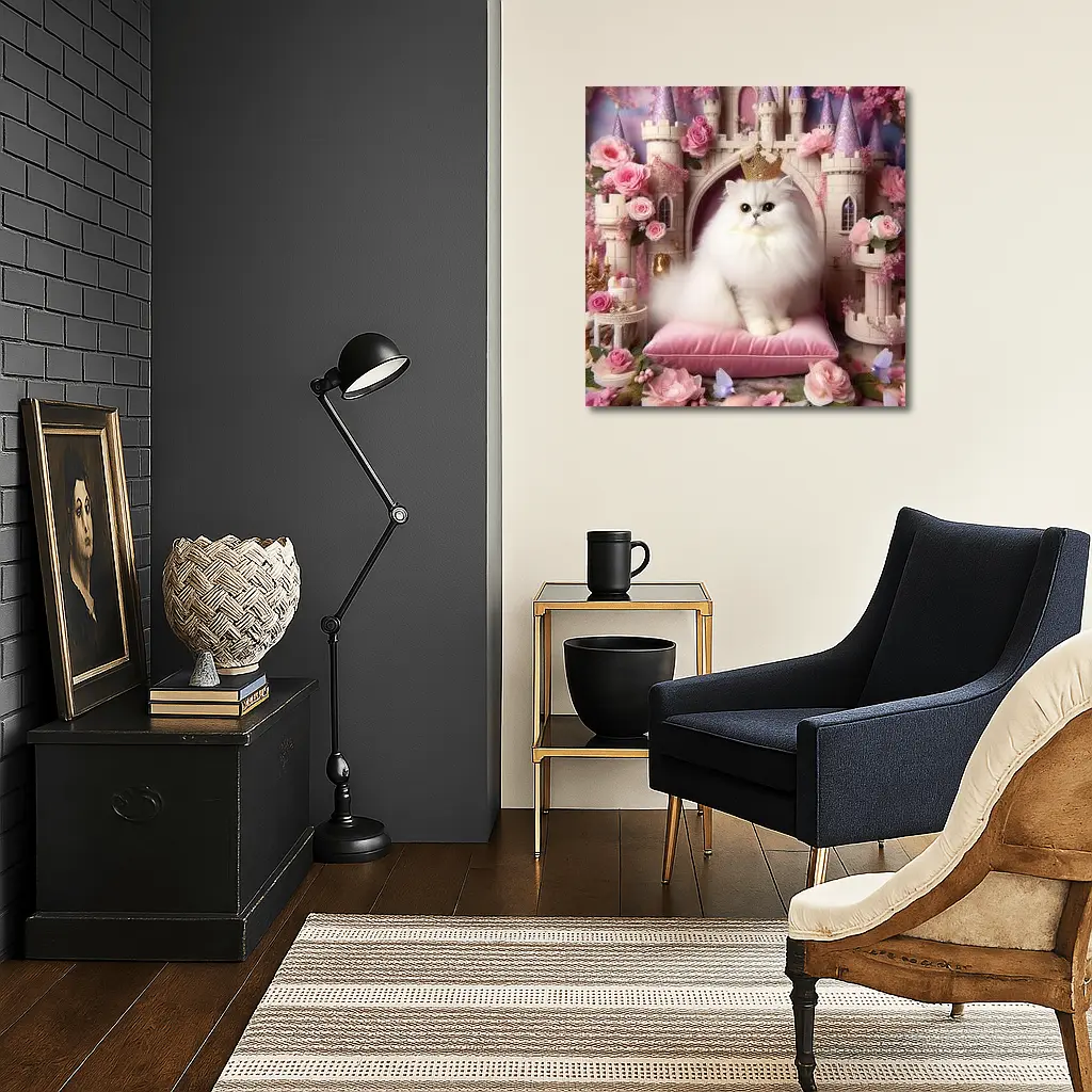 White Persian Cat Crown Pink Castle – Wall Art