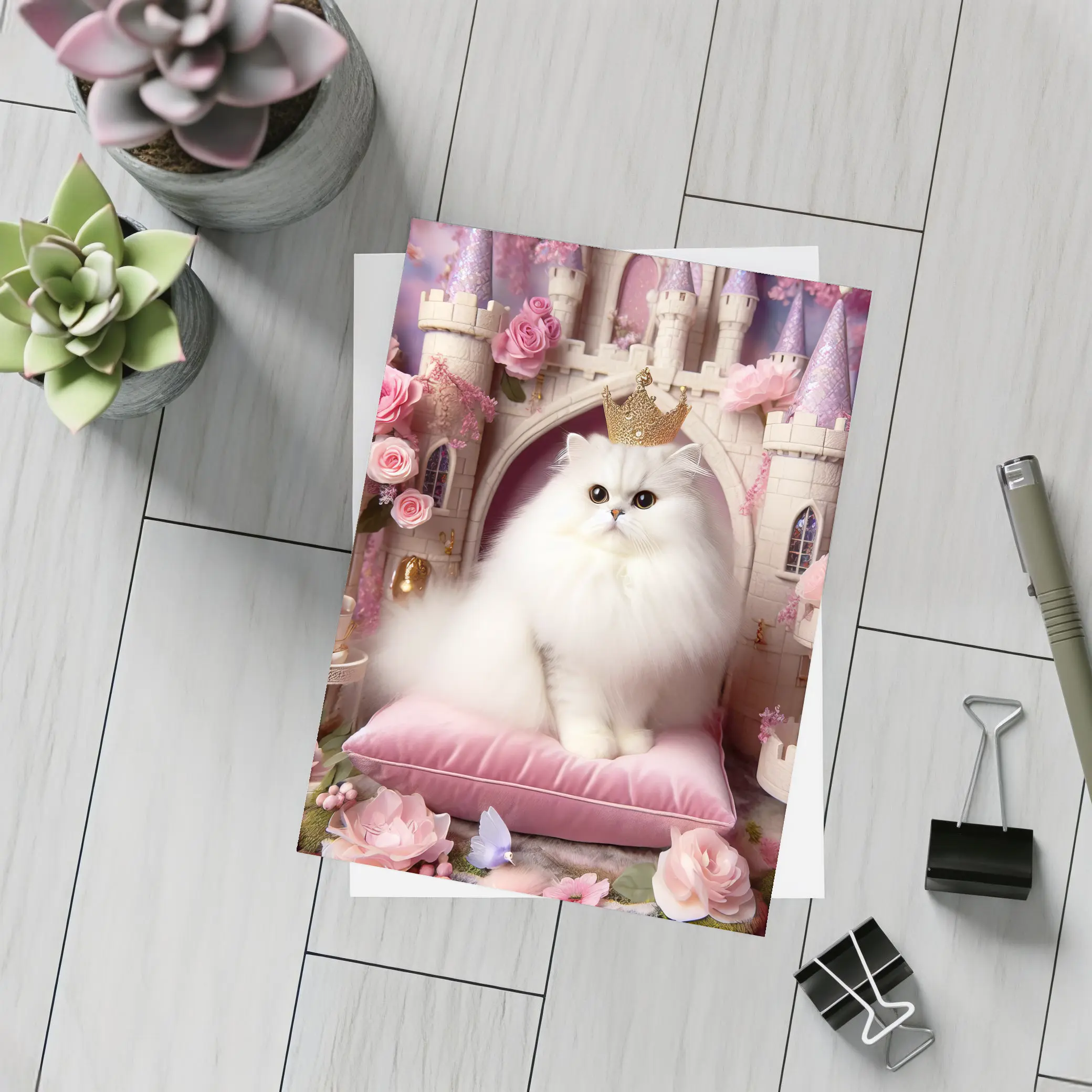 White Persian Cat Crown Pink Castle – Postcards