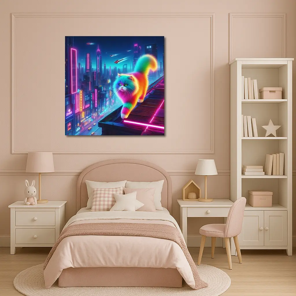 Rainbow Persian Cat Neon Cyberpunk City – Wall Art