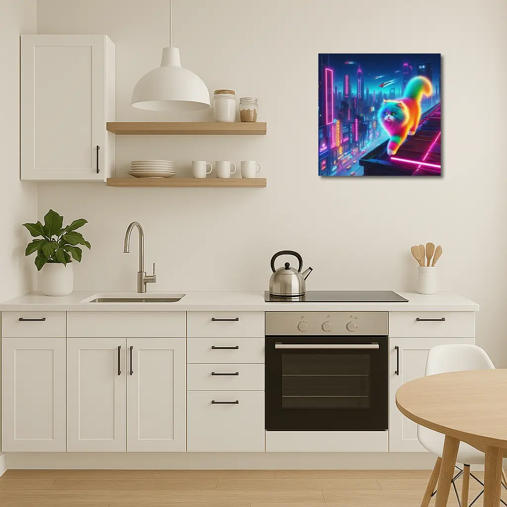 Rainbow Persian Cat Neon Cyberpunk City – Wall Art