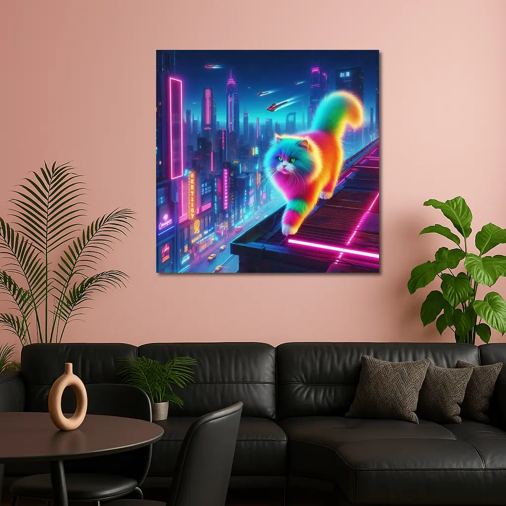 Rainbow Persian Cat Neon Cyberpunk City – Wall Art