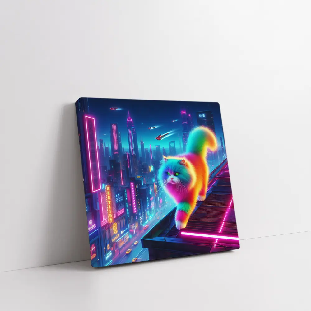 Rainbow Persian Cat Neon Cyberpunk City – Wall Art
