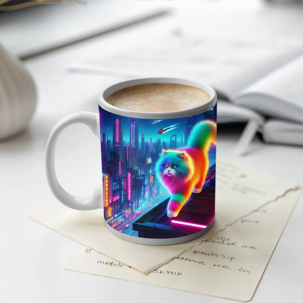 Rainbow Persian Cat Neon Cyberpunk City – Mugs