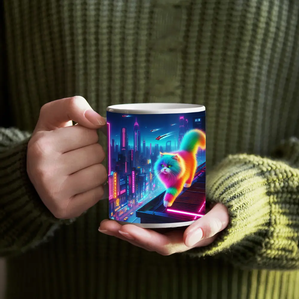 Rainbow Persian Cat Neon Cyberpunk City – Mugs